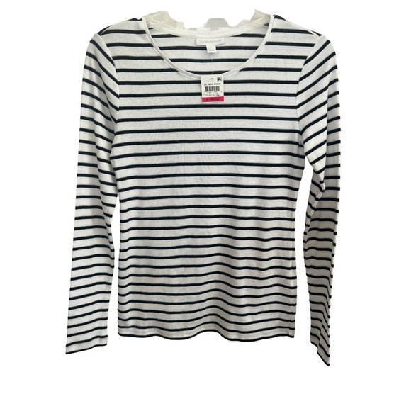 Charter Club Tops - Charter Club White With Black & Metallic Silver Stripes Long Sleeve Top, XS